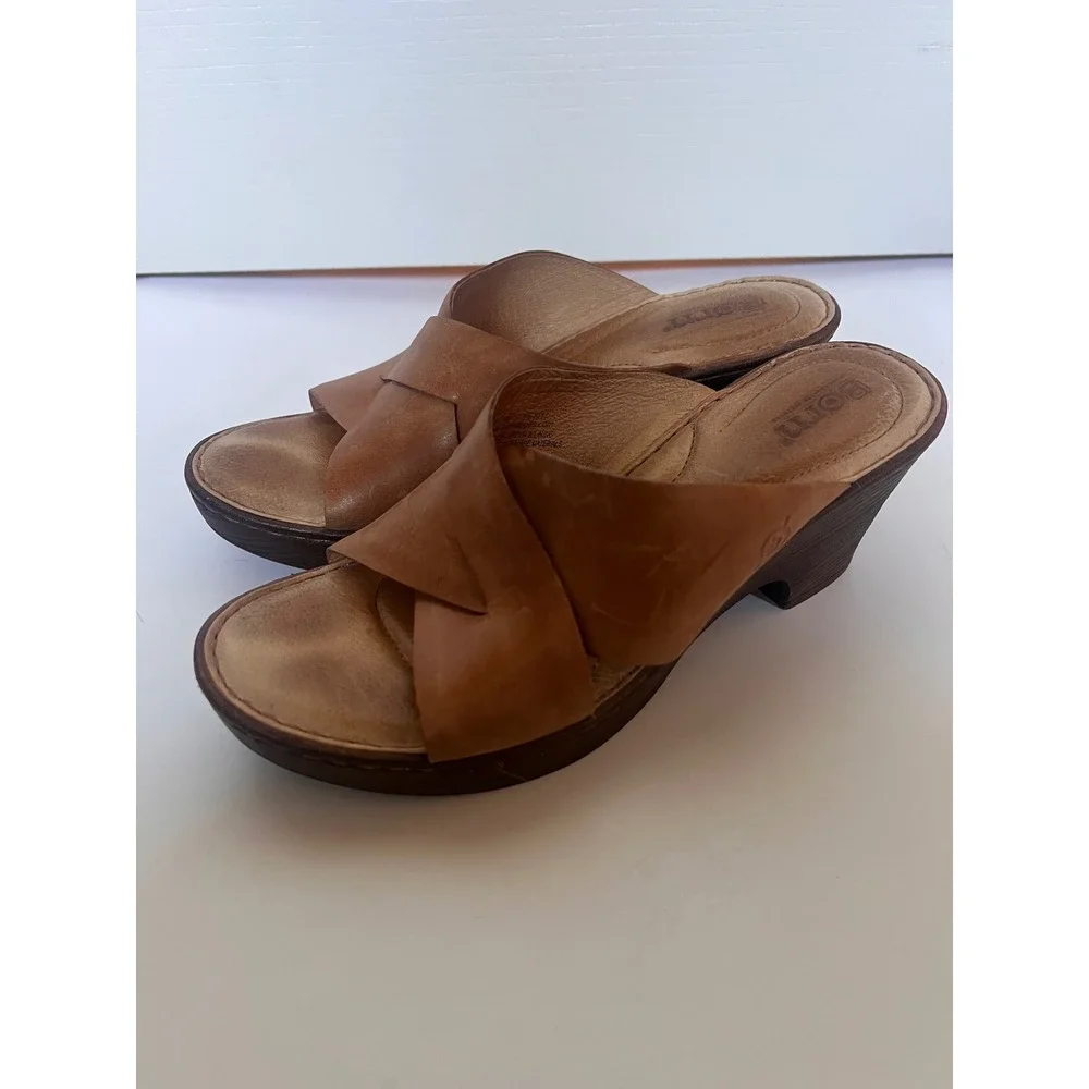 Born Western Tan Brown Leather Wedge Slide Sandals Womens 8 Fairy Boho